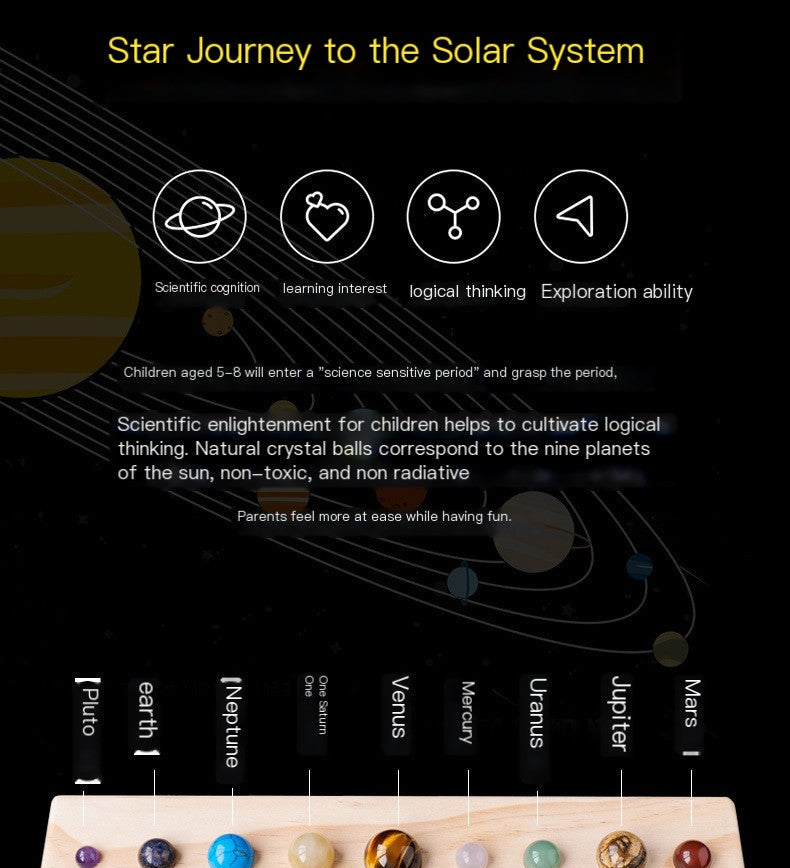 Wooden model of the solar system with labeled planets on a black background.
