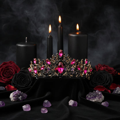 A gold-toned tiara crown decorated with black rhinestones and bright pink gemstones, displayed on a light pink surface against a dark background.