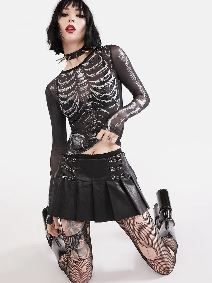Women's Skull Print Mesh Long Sleeve Crop Top