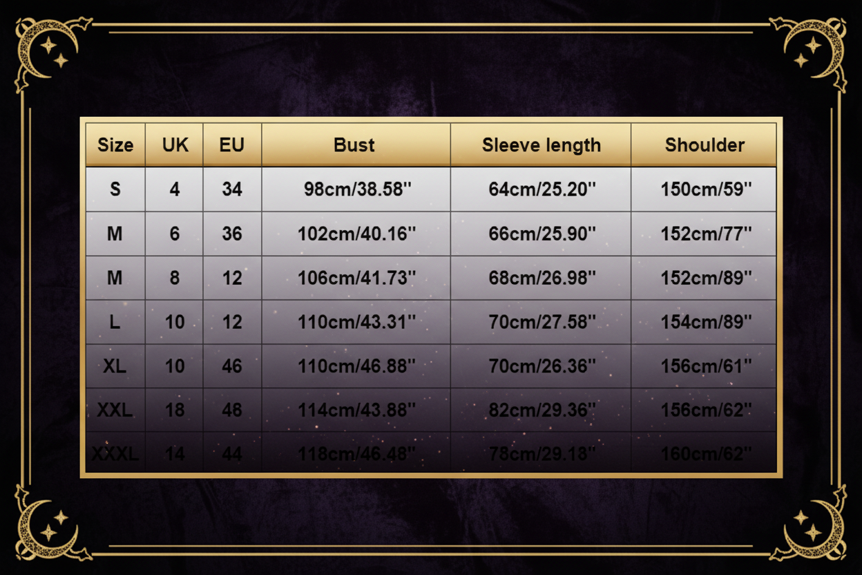 Table displaying clothing size chart with measurements for bust, sleeve length, shoulder, and length.