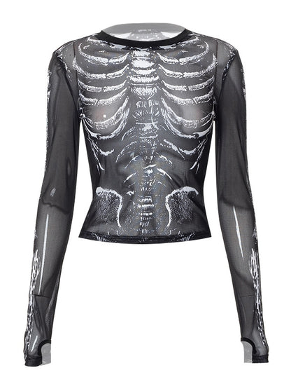 Women's Skull Print Mesh Long Sleeve Crop Top