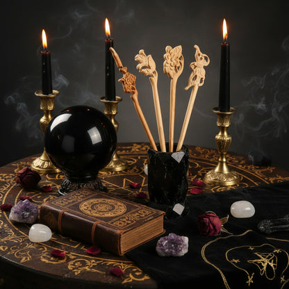 Wooden hair sticks with floral and butterfly designs on a black background