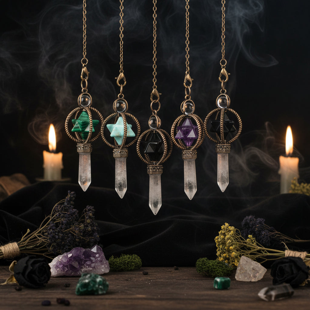 Five crystal pendant necklaces with geometric stone designs on a white background.