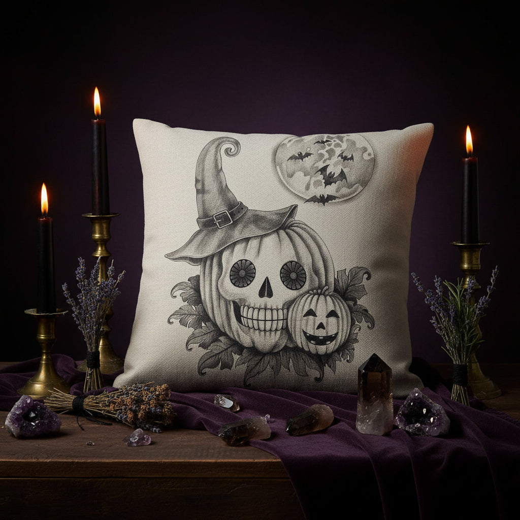 Halloween Skull and Pumpkin Pillow Cover for Sofa Sorceress Sanctuary