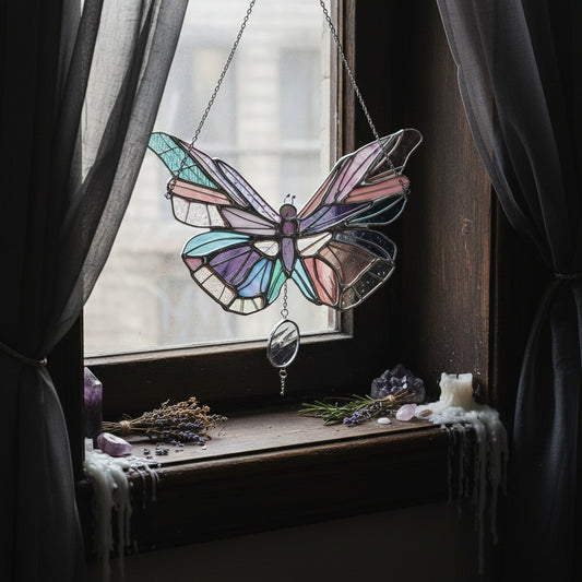 Stained glass butterfly hanging decoration on a white background