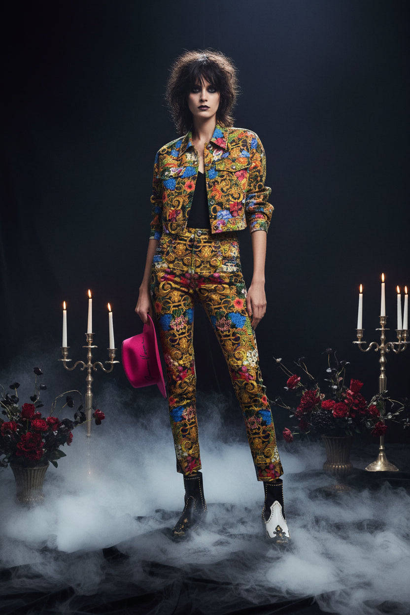 Colorful outfit with floral patterns and black studded boots on a white background