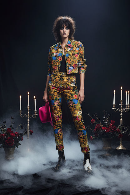 Colorful outfit with floral patterns and black studded boots on a white background