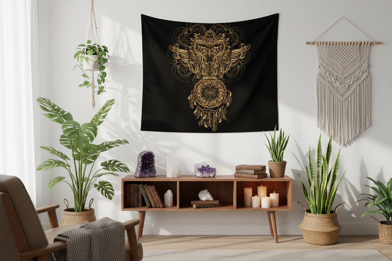 Decorative tapestry with owl design on a black background, placed on a wooden floor with plants and a colorful pillow.