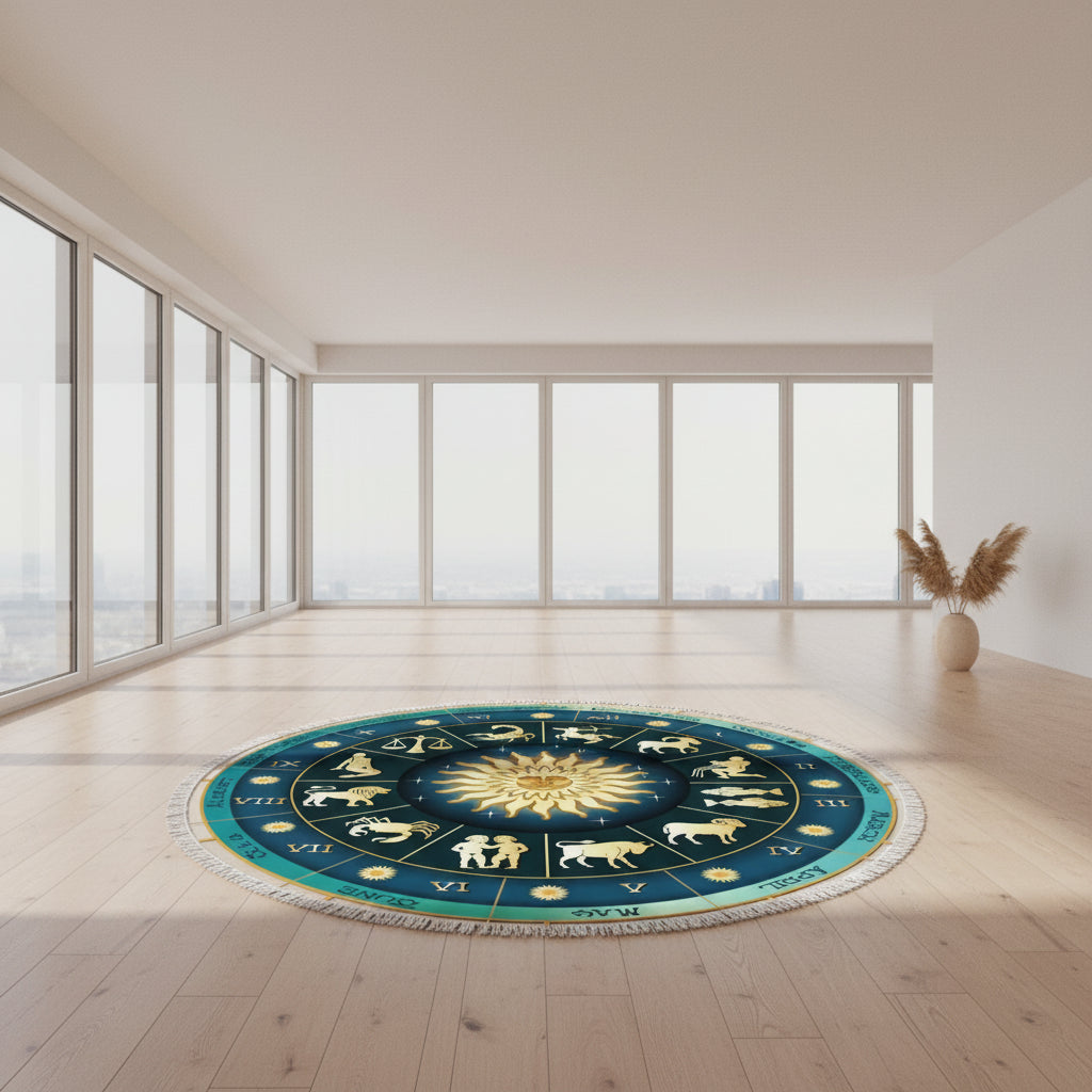 Round zodiac-themed blanket with astrological symbols and sun design, featuring measurements on a white background.