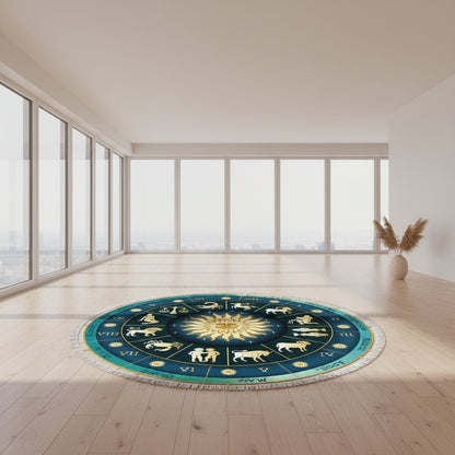 Round zodiac-themed blanket with astrological symbols and sun design, featuring measurements on a white background.