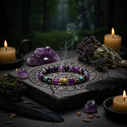 Beaded bracelet with purple, black, and gold elements on a white background