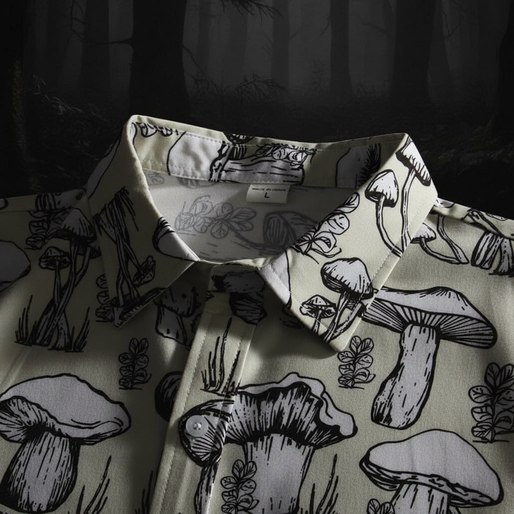 Shirt with black mushroom pattern on a light background