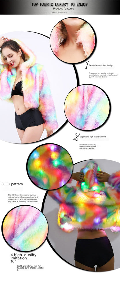 Multicolored fabric with LED pattern, shown on a person, with product features highlighted.