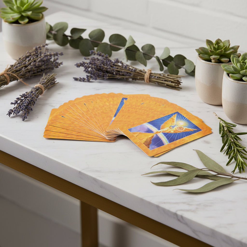 Fanned deck of cards with a prominent card featuring an angelic design on a white background