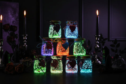 Colorful glowing jars with decorative elements on a dark background