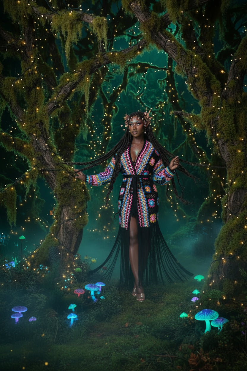 Woman wearing a colorful, patterned robe with black fringe on a gray background