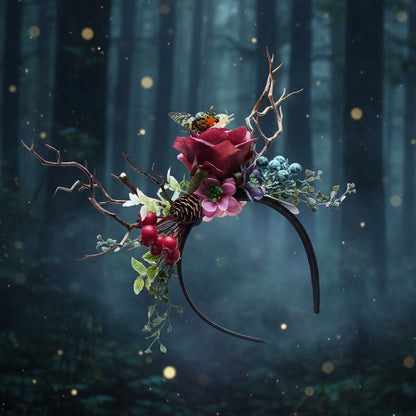 Exaggerated Christmas Antler Headband with Floral Accents Sorceress Sanctuary