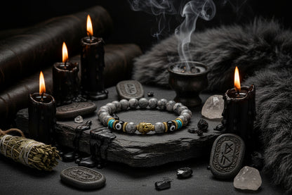 Bracelet with gray beads, gold accents, and black and blue eye-shaped beads on a white background