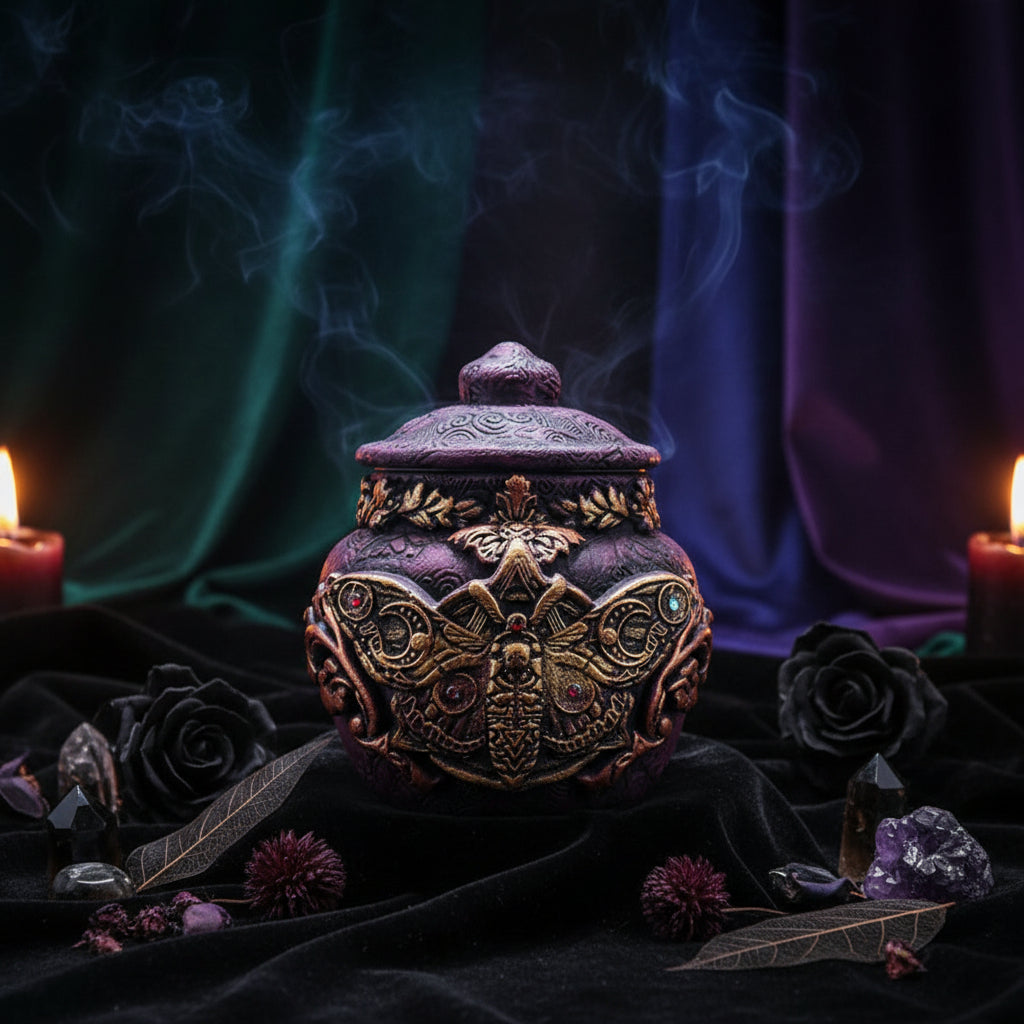 Decorative purple and gold jar with intricate designs held by a hand against a white background with greenery.