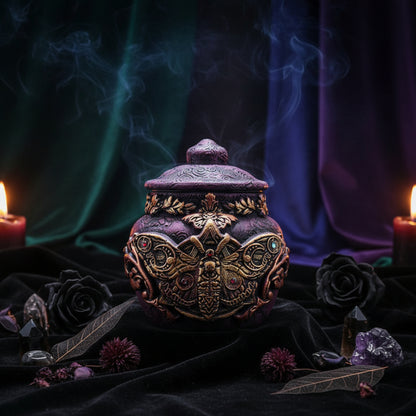 Decorative purple and gold jar with intricate designs held by a hand against a white background with greenery.
