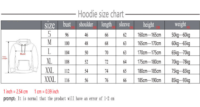 Hoodie size chart with measurements and weight range for different sizes.