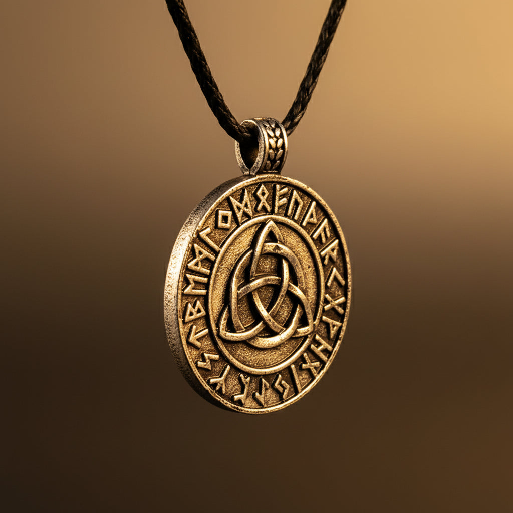 Silver pendant with Celtic knot design and engraved text on a white background