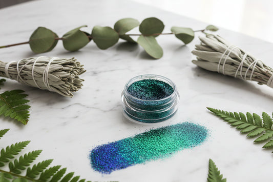 Blue and green glitter on a wrist with a container of glitter and yellow sequins in the background.