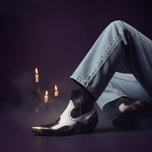 Person wearing light blue jeans and black and white shoes on a white background