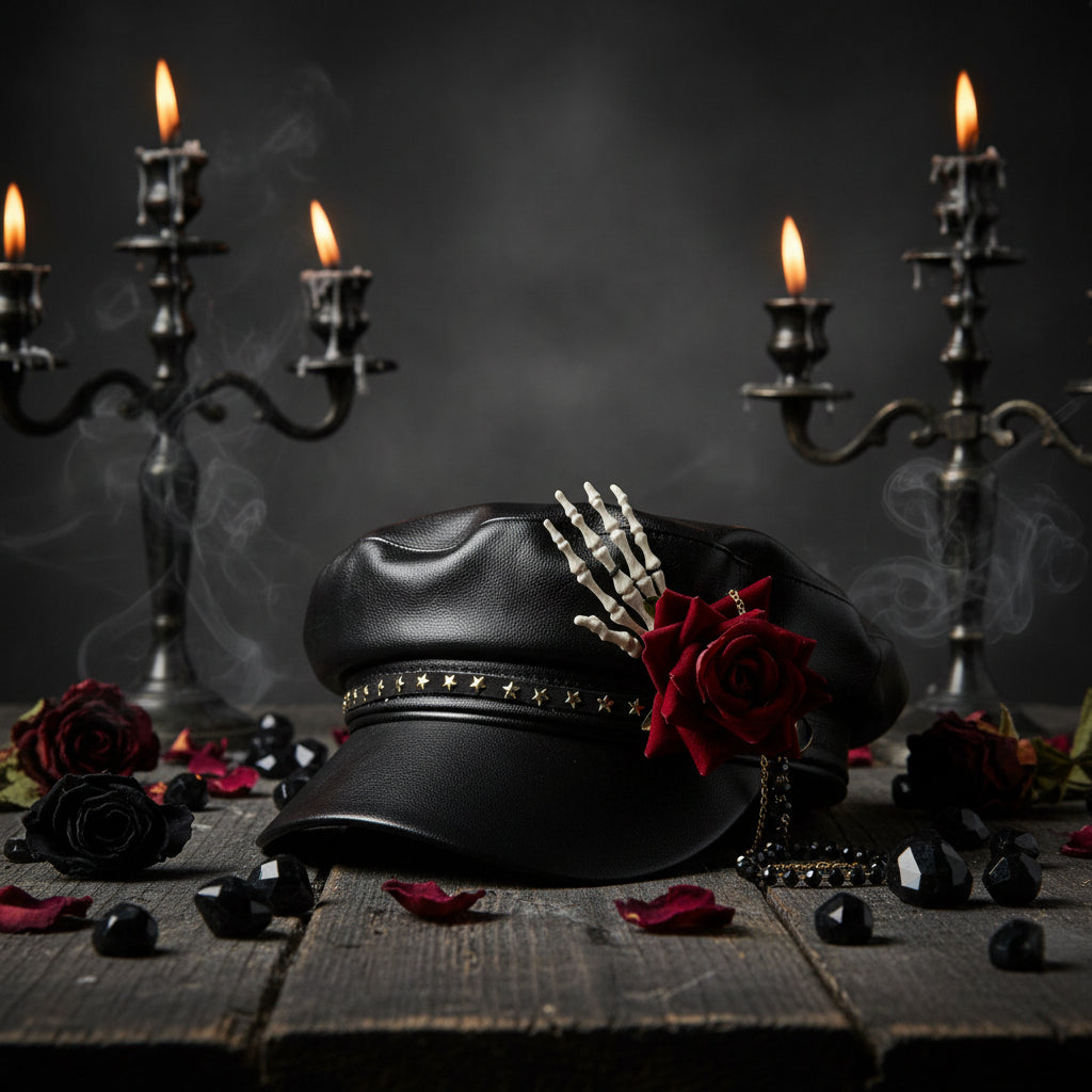 Black leather cap with gold studs, a red rose, and white bones on a white background