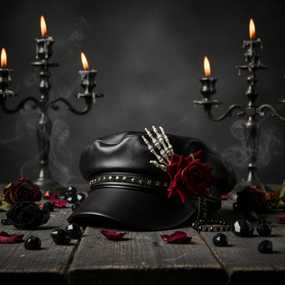 Black leather cap with gold studs, a red rose, and white bones on a white background