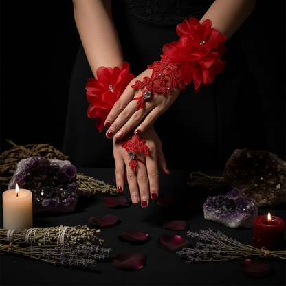 Bride Wedding Dress Gloves with Red Flowers & Lace Sorceress Sanctuary