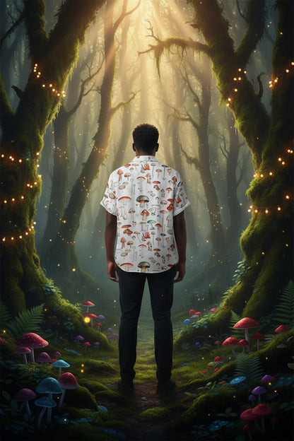 Short-sleeve shirt with mushroom pattern on a white background