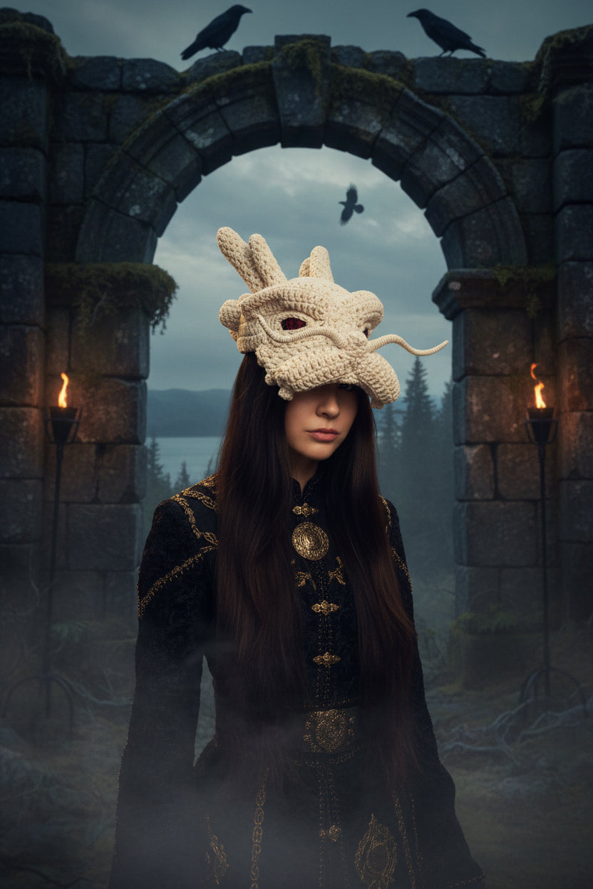 Person wearing a white dragon-shaped knitted hat against a plain background