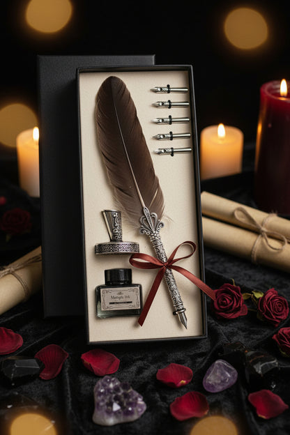 Feather pen set with ink bottle and nibs in a decorative box on a wooden surface.