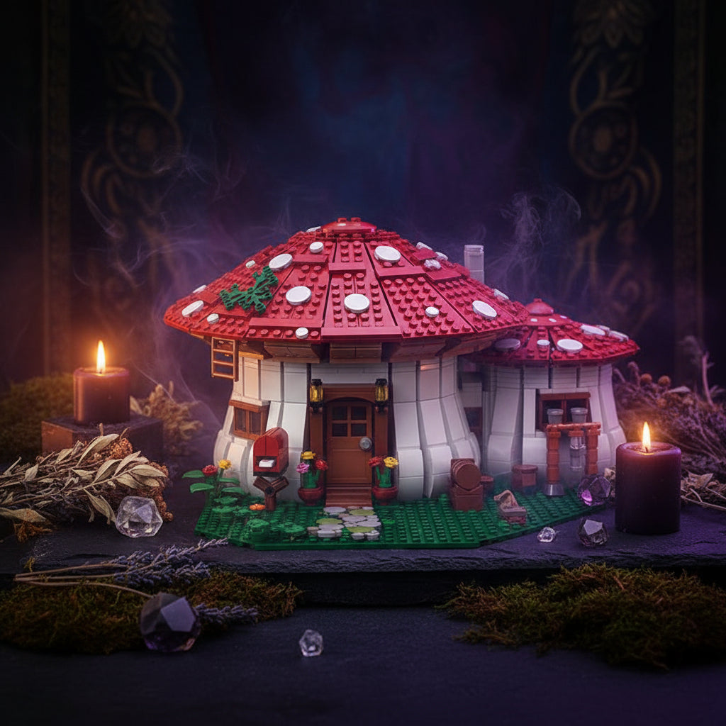 Toy building set with red roof and various details on a green base.