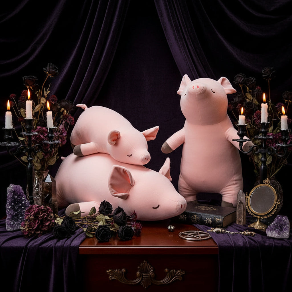 Two large pink plush pigs on a blue ottoman in a room with a bookshelf and window.