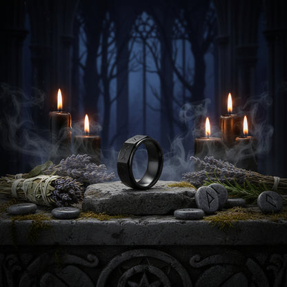 Black ring with engraved symbols on a white background
