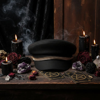 Vintage Flat Cap with Metal Chain Accent Hat Sorceress Sanctuary