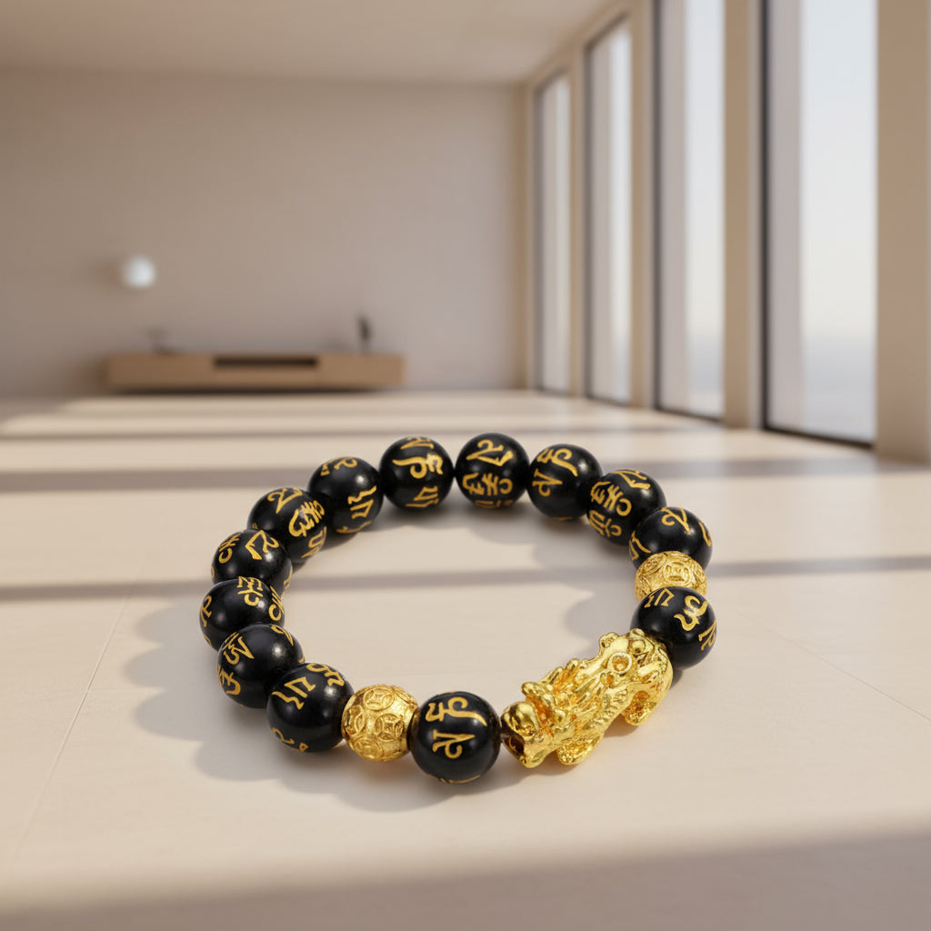 Black beaded bracelet with gold accents on a wooden surface