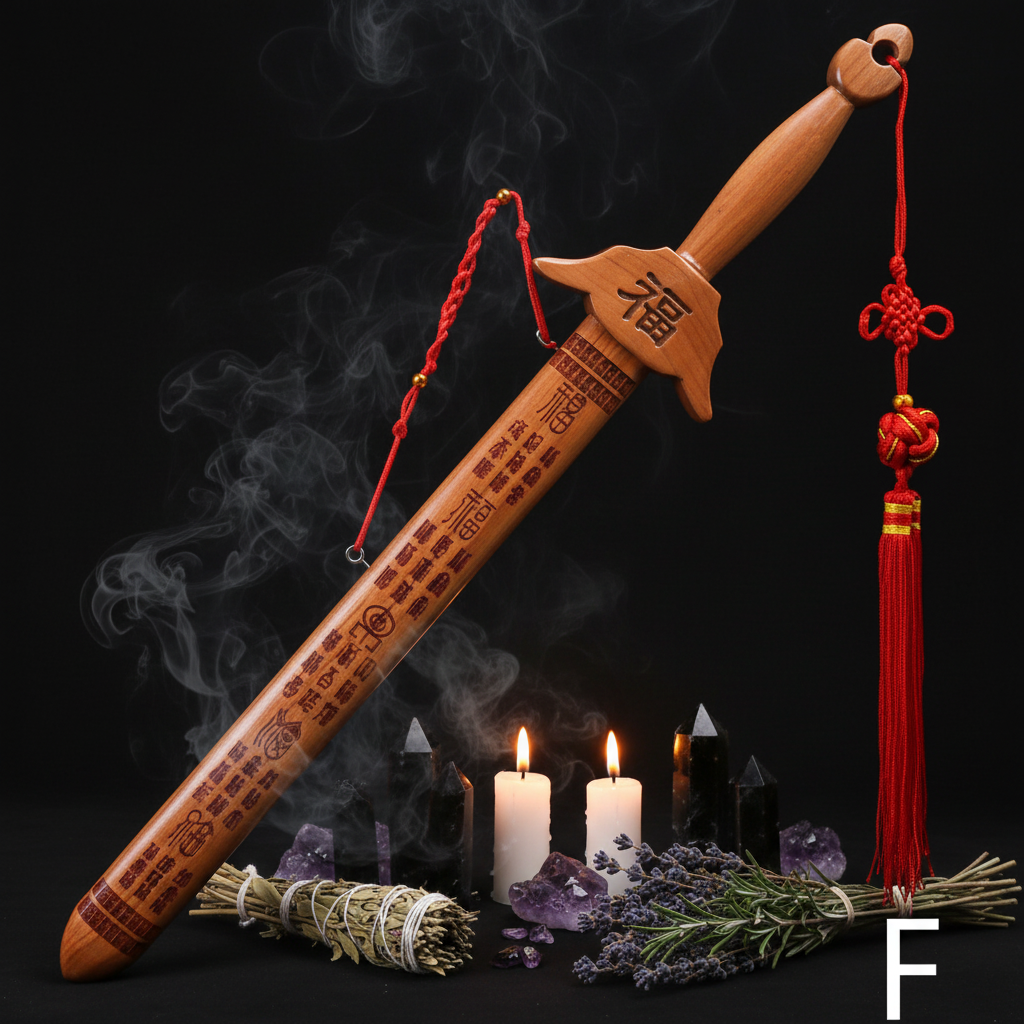Wooden sword with red tassels on a white background