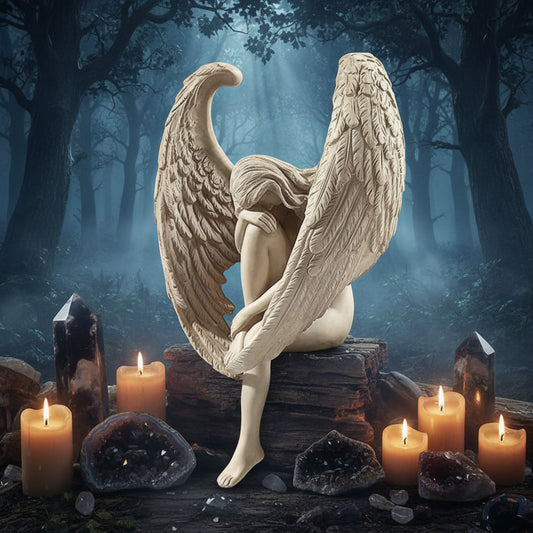 Statue of an angel with outstretched wings sitting on a wooden ledge surrounded by flowers.