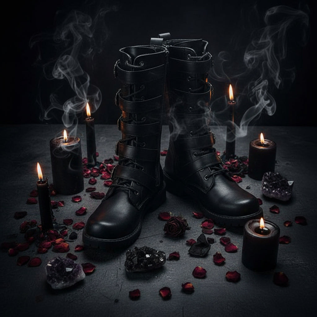 Black knee-high boots with multiple buckles on a white background