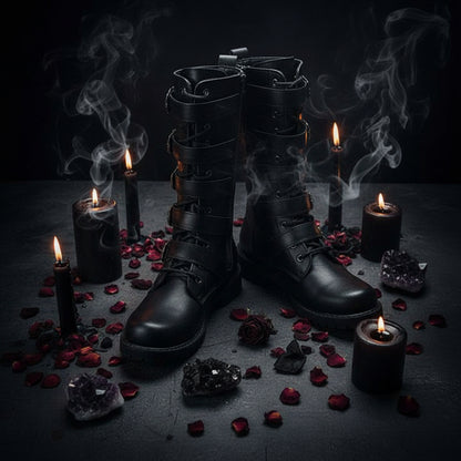 Black knee-high boots with multiple buckles on a white background