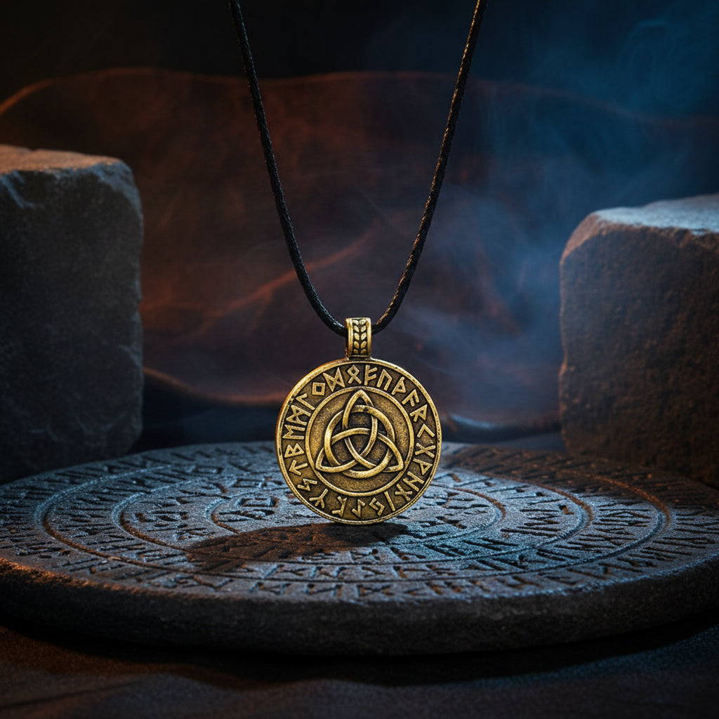 Bronze pendant with Celtic knot design and runes on a black cord against a white background