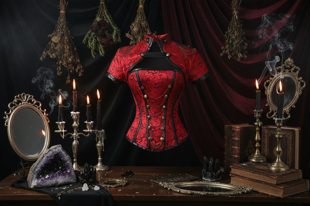 4Pc Corset Set - Sorceress Sanctuary Red / S-Red / M-Red / L-Red / XL-Red / XXL