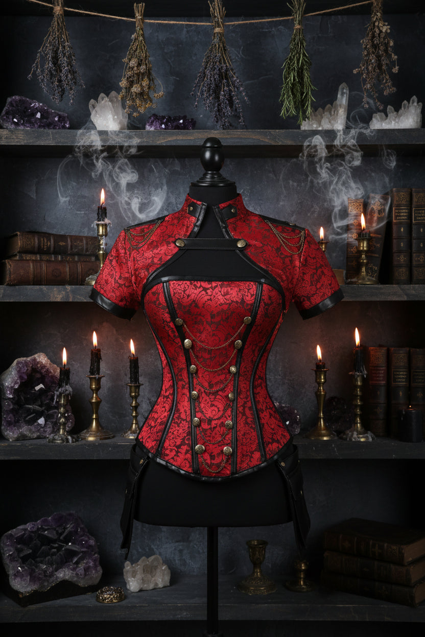 4Pc Corset Set - Sorceress Sanctuary Red / S-Red / M-Red / L-Red / XL-Red / XXL