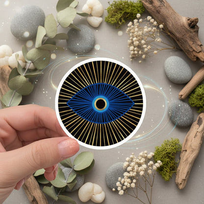 Circular coaster with eye design held by a hand, with blurred circular coasters in the background.