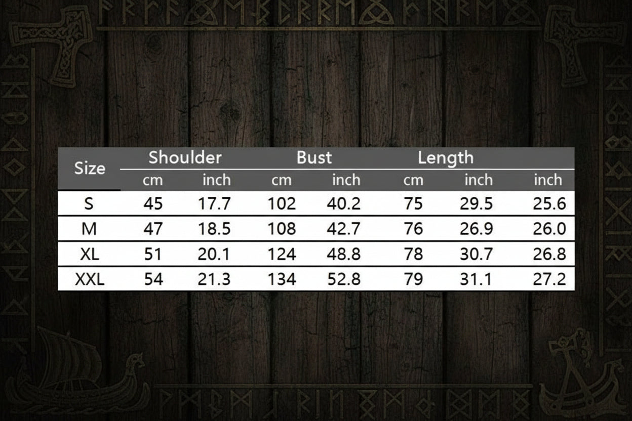 Table displaying clothing size chart with measurements in centimeters and inches.