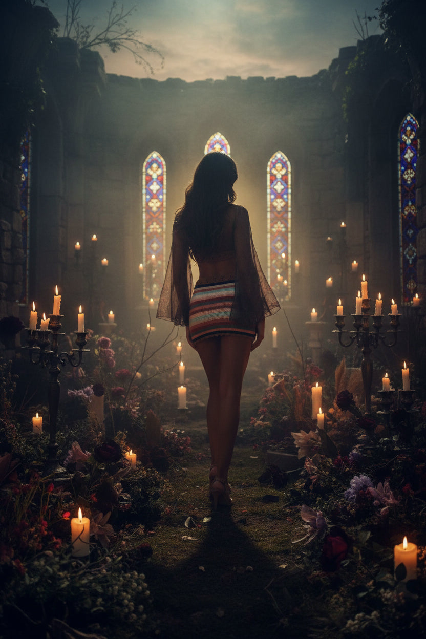 Multicolored striped crochet skirt worn by a person with a blurred natural background