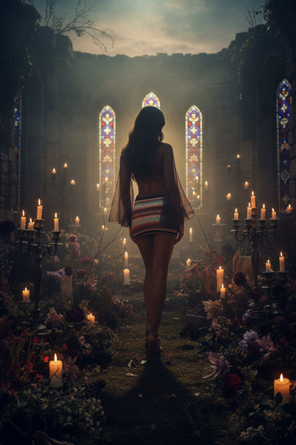 Multicolored striped crochet skirt worn by a person with a blurred natural background